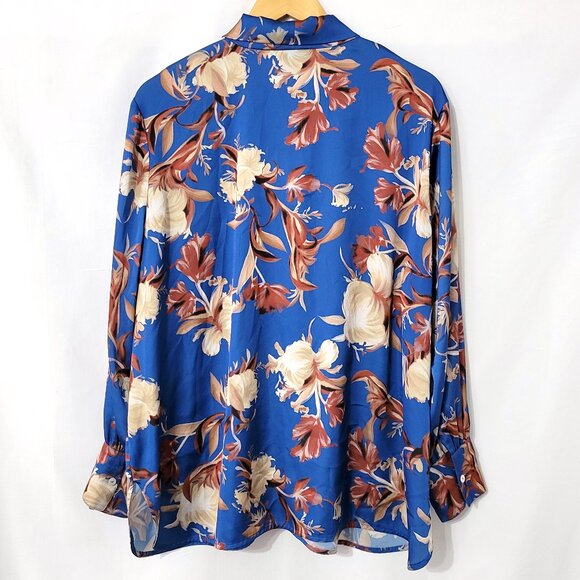 Misook Womens Long Sleeve Tie Neck Blouse Size XL Split Hem Floral Blue Romantic - Picture 2 of 12